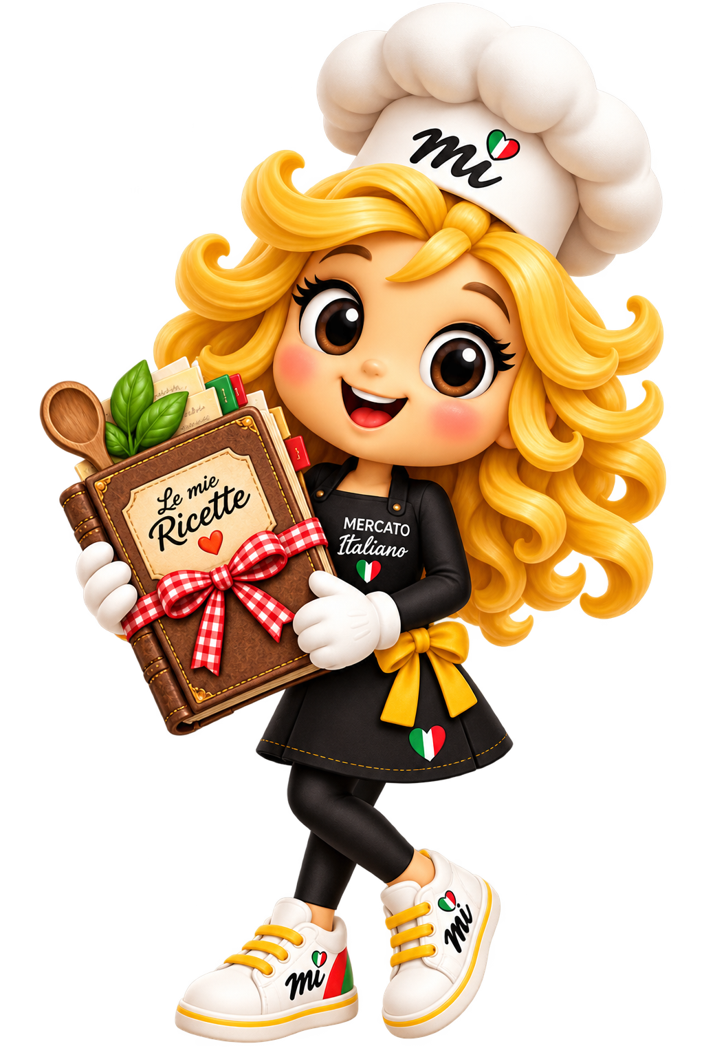 Mimì, la mascota del Mercato Italiano, con su cuaderno de recetas.